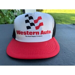 Vintage Western Auto Trucker Hat Mesh Snapback Red White Black Racing Cap OSFA